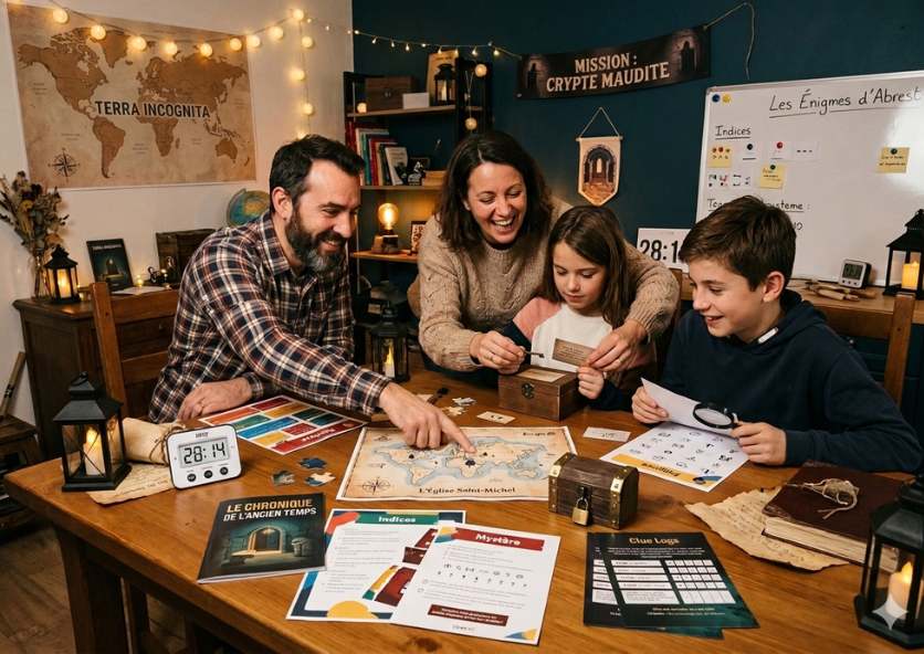 famille qui joue a un escape game